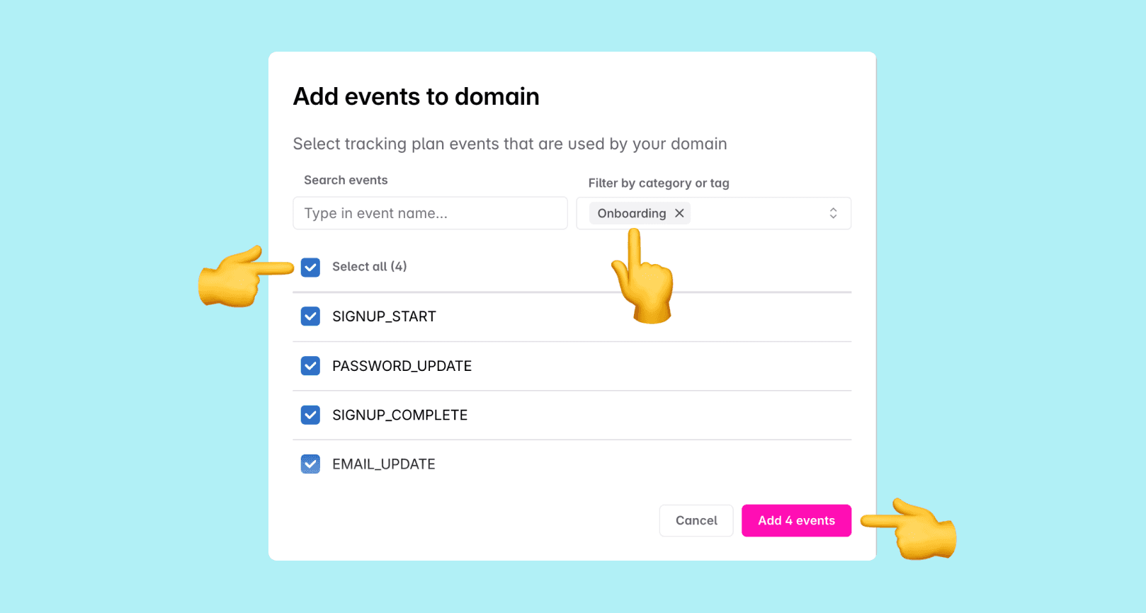 Screenshot of a modal to add events to a domain